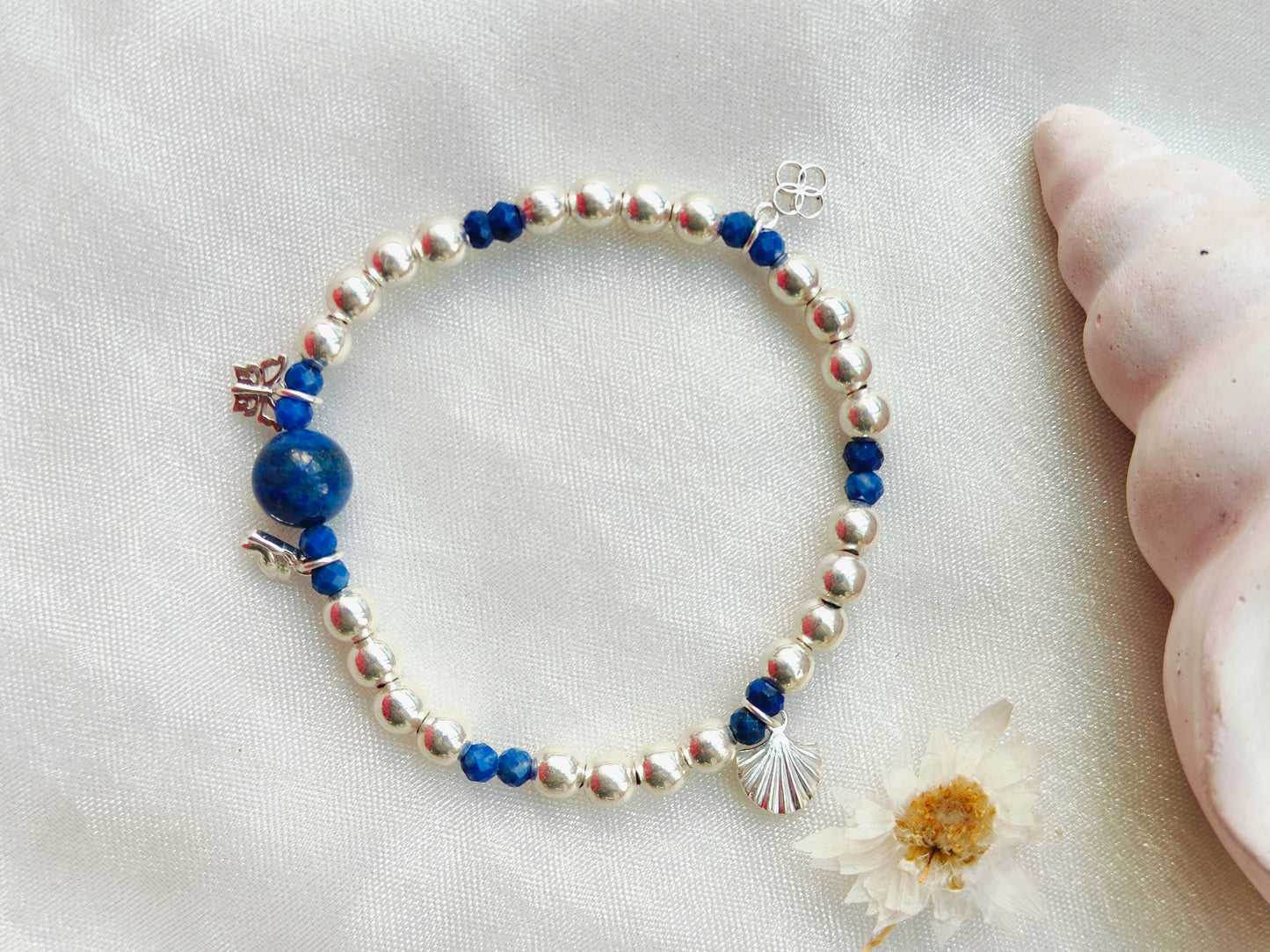 Stone & Silver Beads' Stretchable Bracelet with Charms