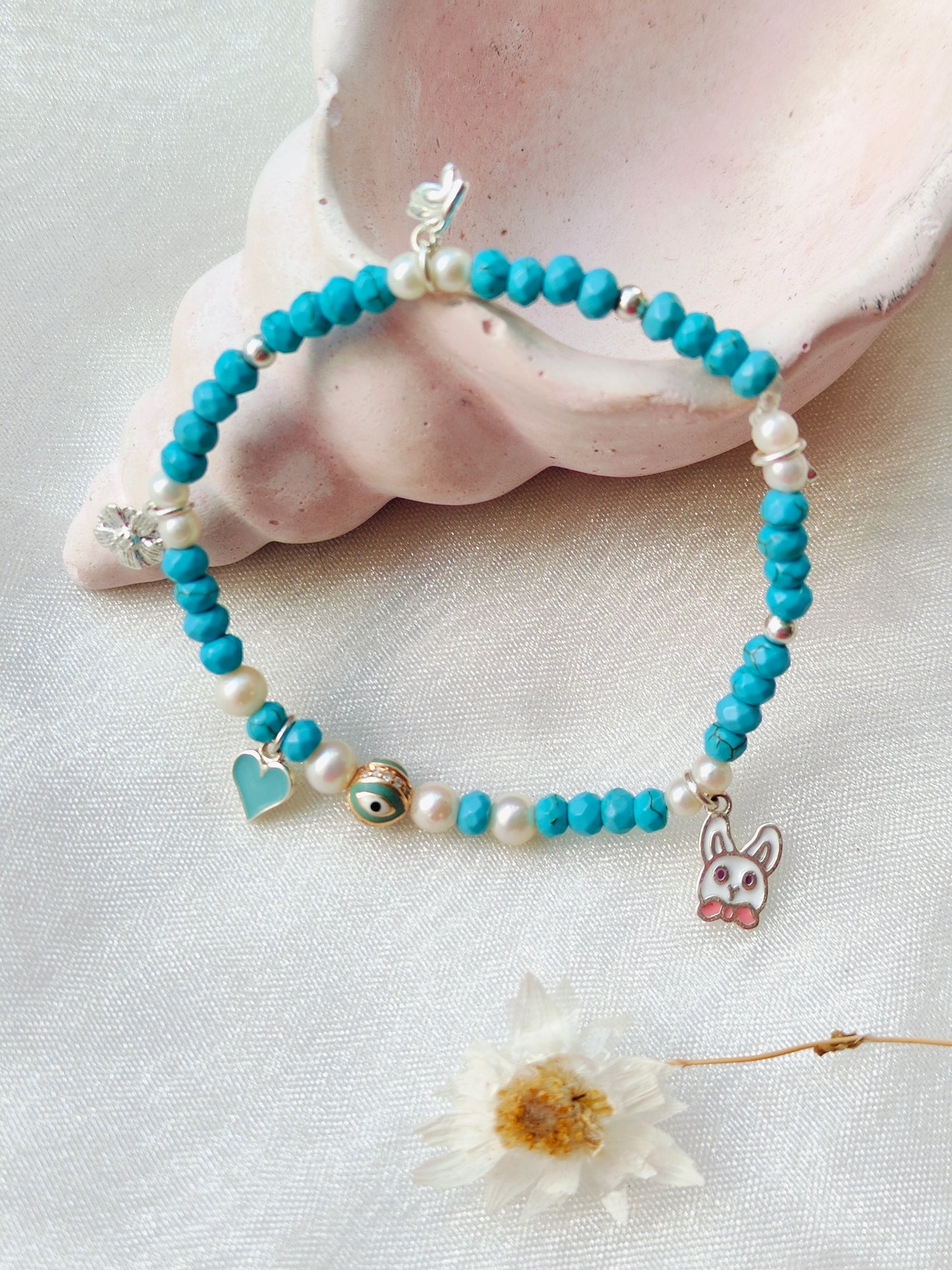 Gold Evil Eye with Dia, Silver & Stone Beads' Stretchable Bracelet with Charms