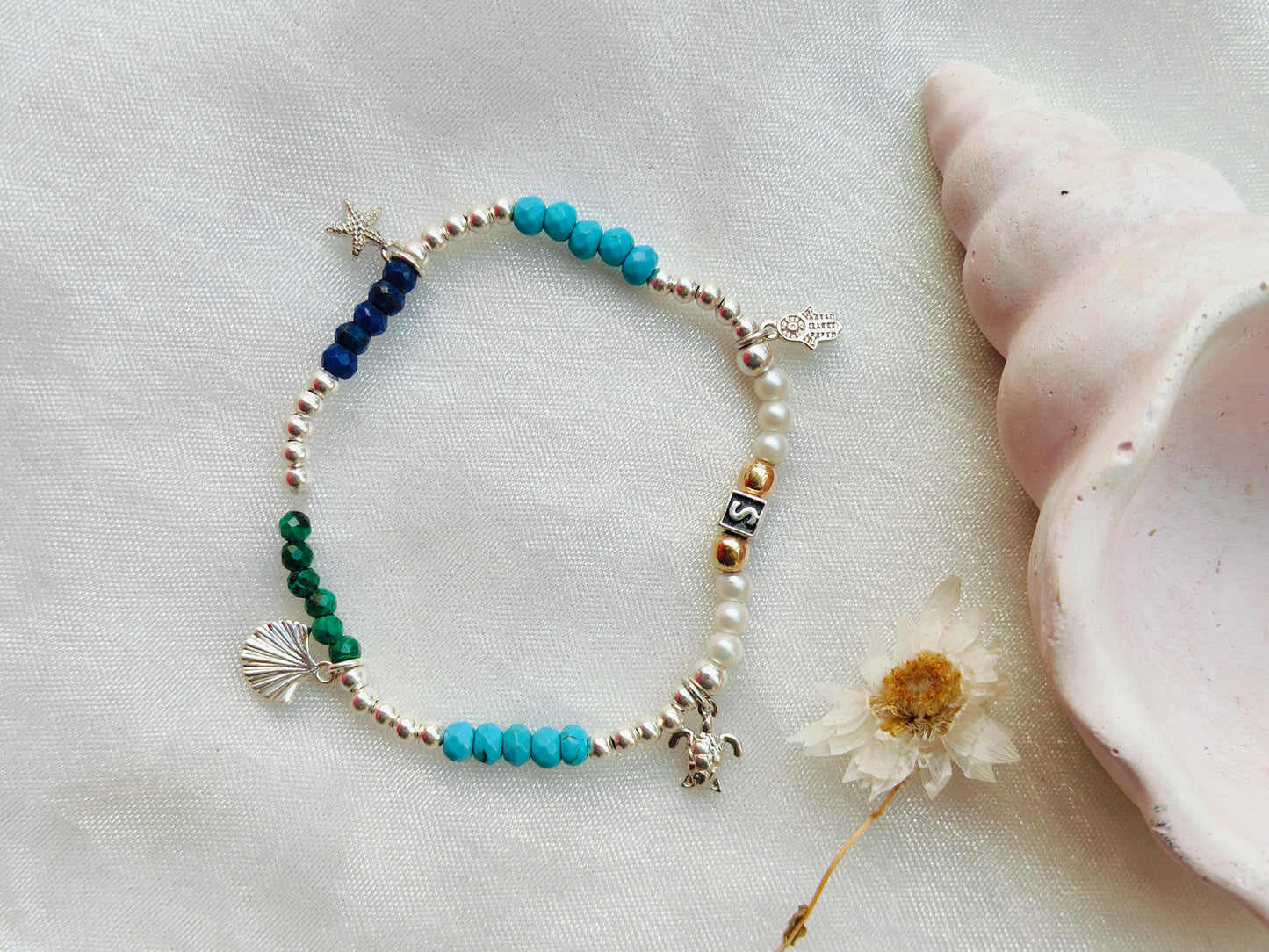 Gold, Silver & Stone Beads' Stretchable Bracelet with Charms