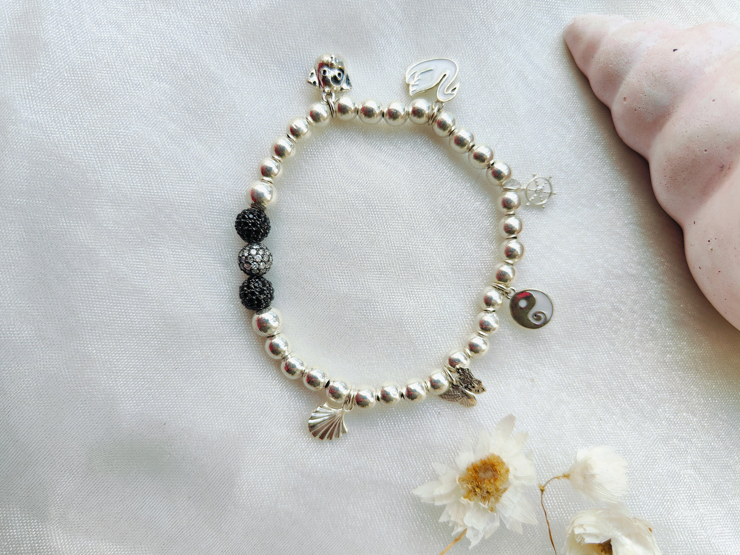 Silver Charms & Beads' Stretchable Bracelet with Dia