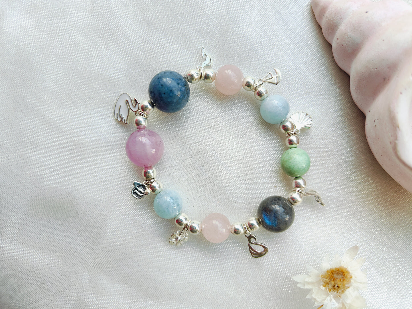 Stone & Silver Beads' Stretchable Bracelet with Charms