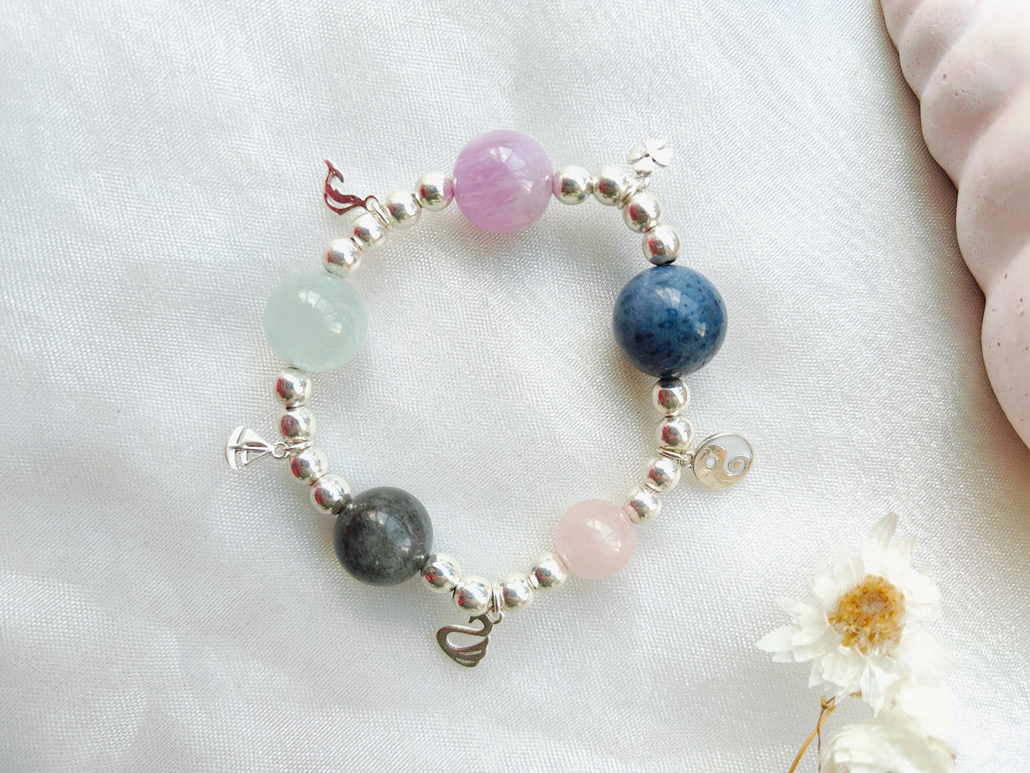 Stone & Silver Beads' Stretchable Bracelet with Charms