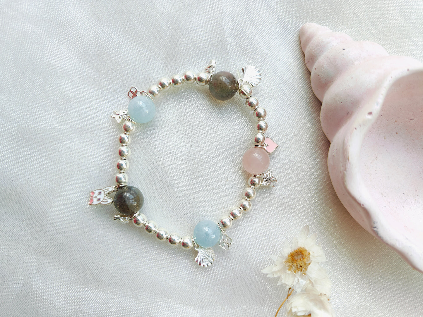 Stone & Silver Beads' Stretchable Bracelet with Charms