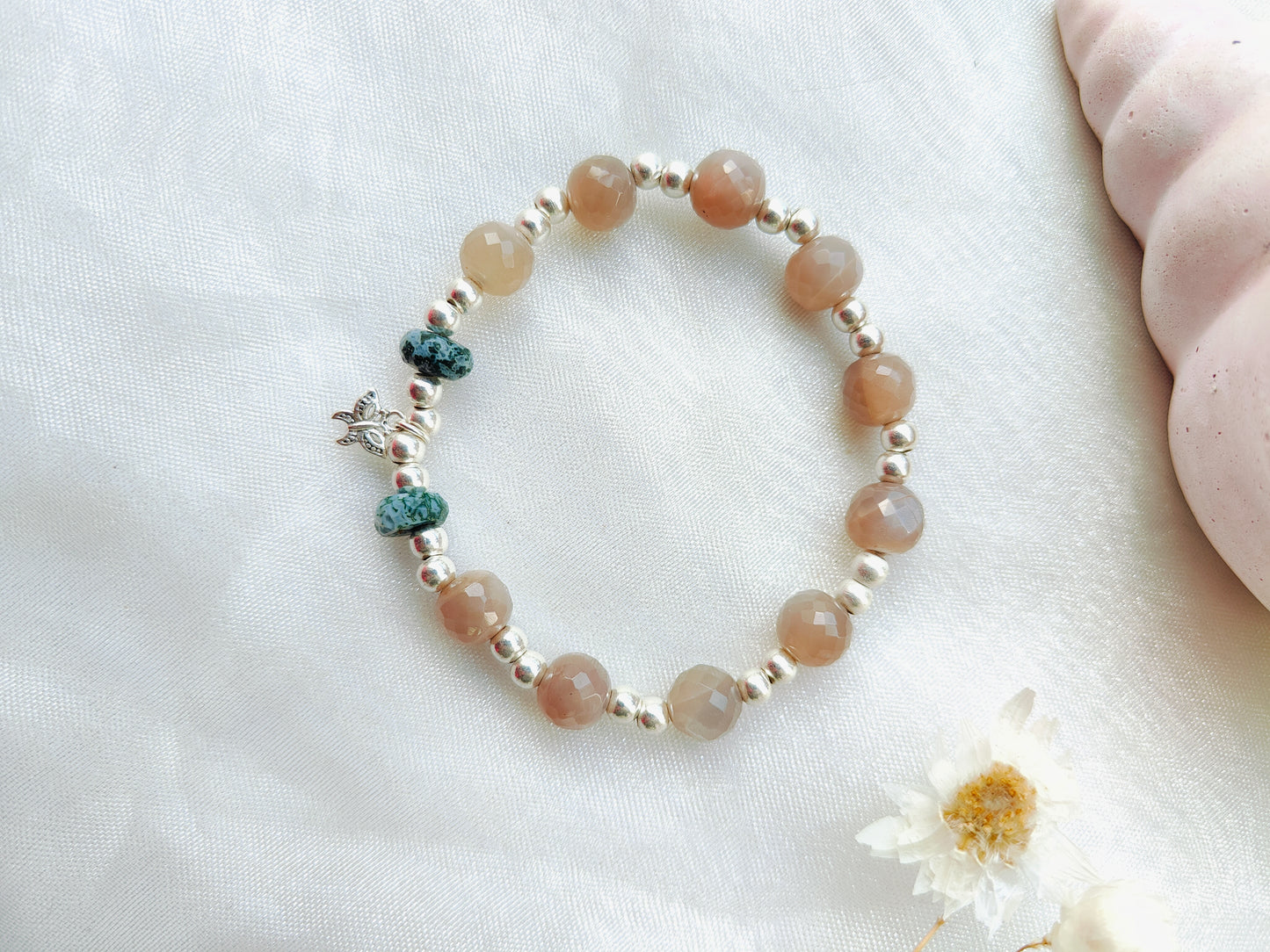 Stone & Silver Beads' Stretchable Bracelet with Charms