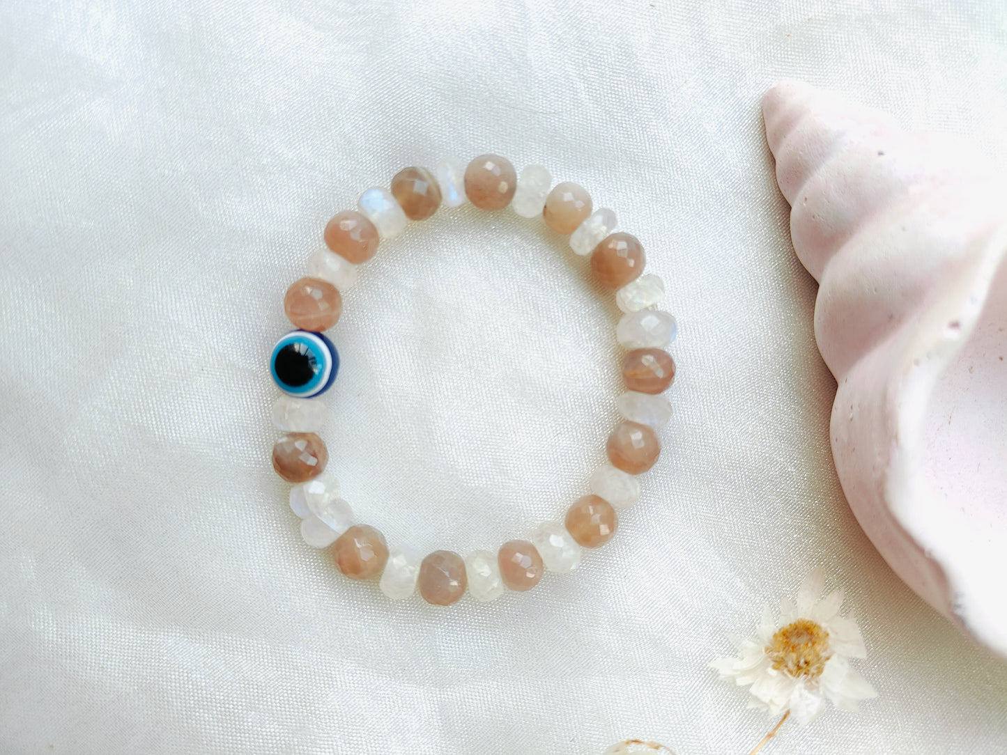 Stone Beads' Stretchable Bracelet with Evil Eye Stone
