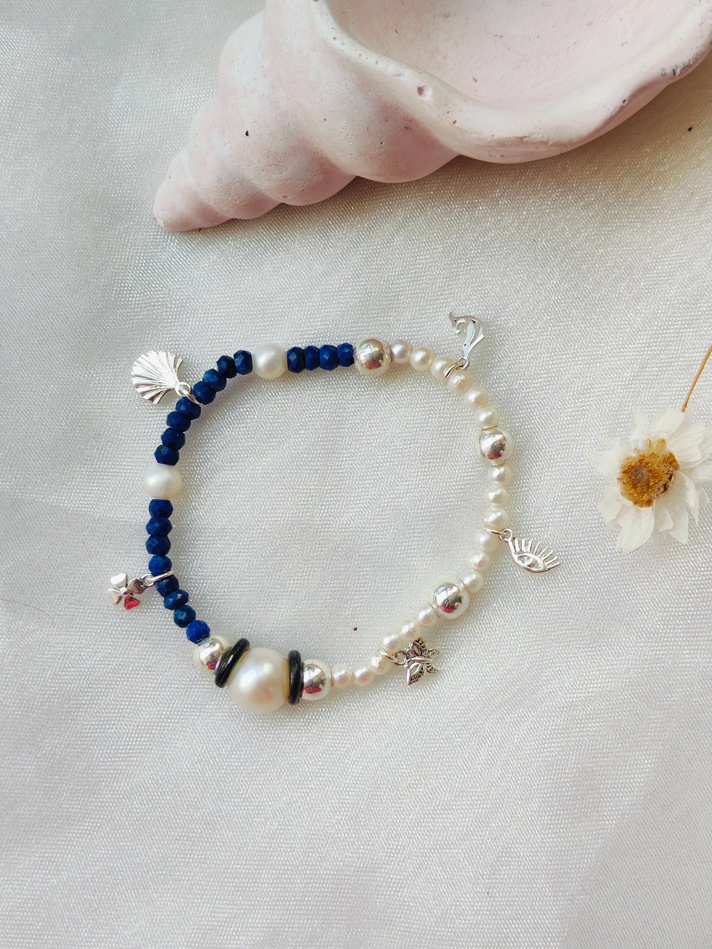 Stone & Silver Beads' Stretchable Bracelet with Charms