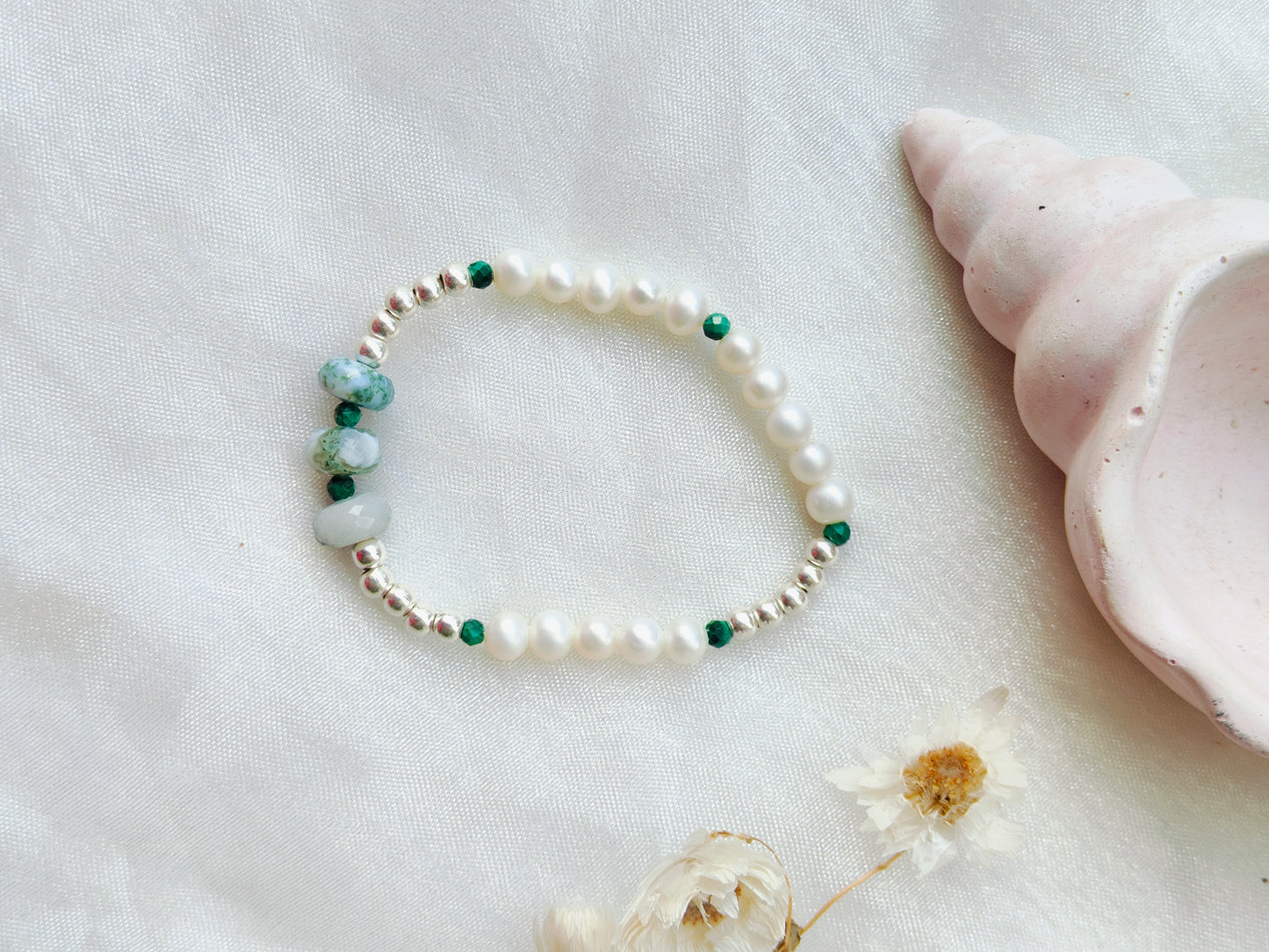 Stone & Silver Beads' Stretchable Bracelet