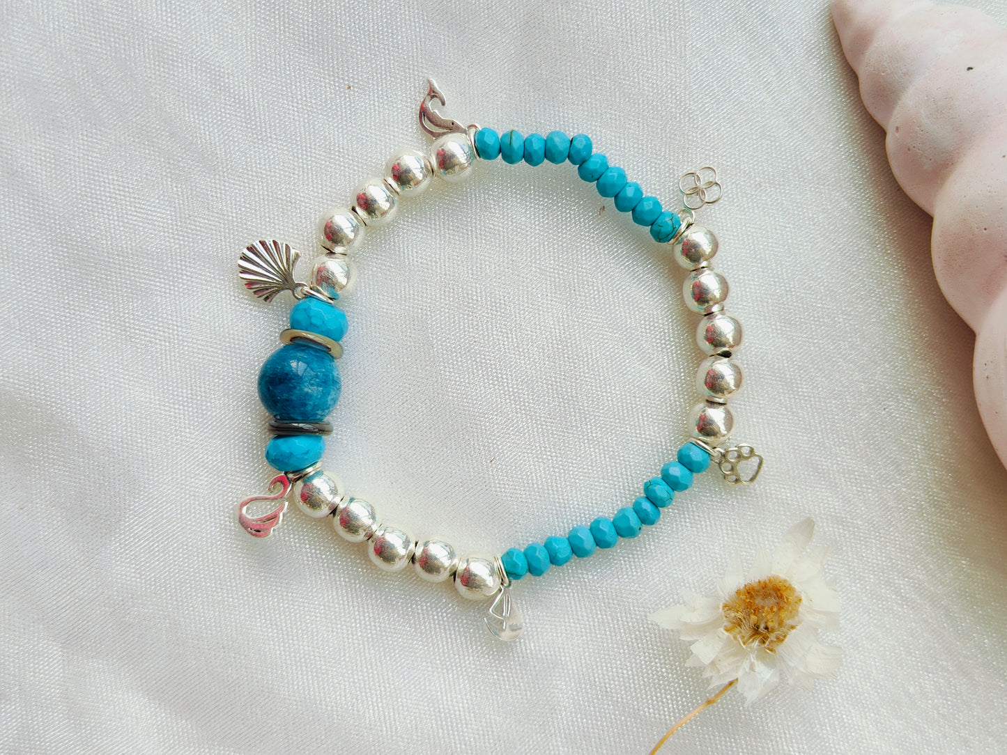 Stone & Silver Beads' Stretchable Bracelet with Charms