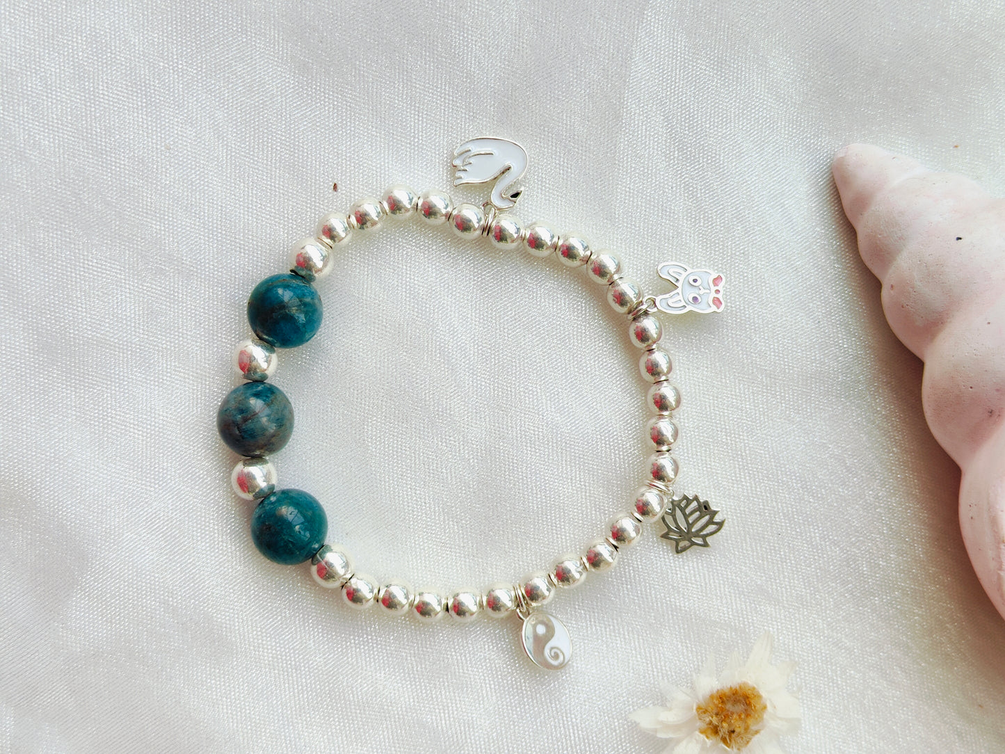 Stone & Silver Beads' Stretchable Bracelet with Charms