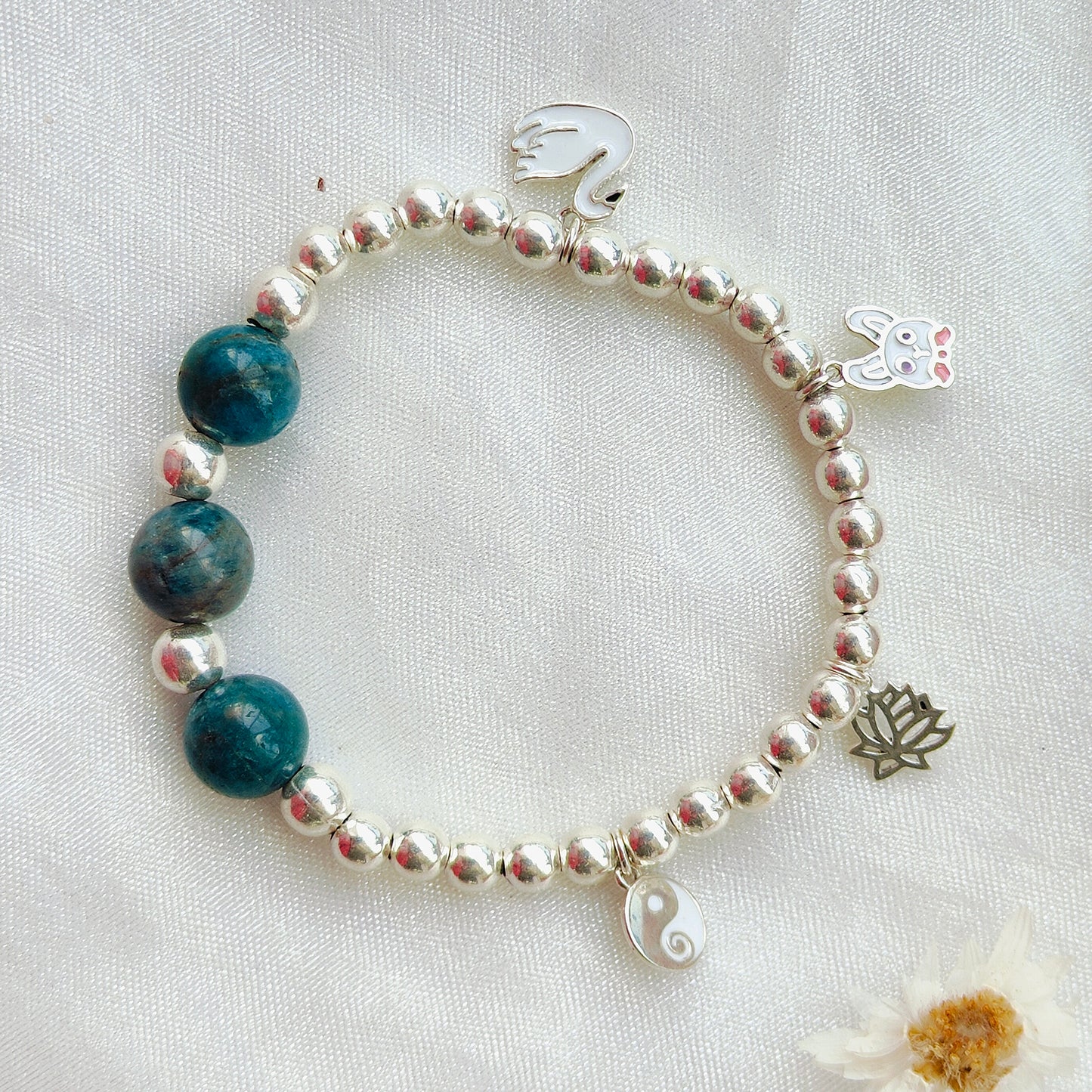 Stone & Silver Beads' Stretchable Bracelet with Charms