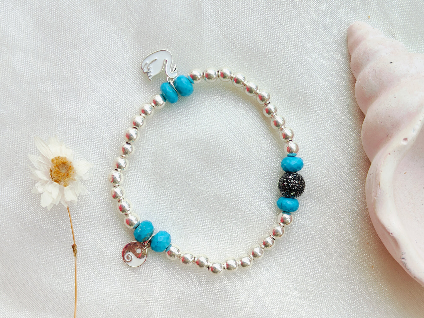 Stone & Silver Beads' Stretchable Bracelet with Charms with Dia