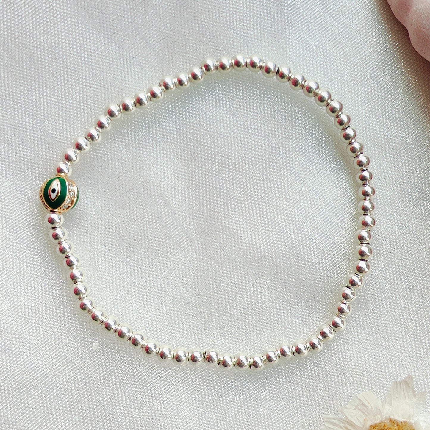 Gold Evil Eye with Dia & Silver Beads' Stretchable Bracelet