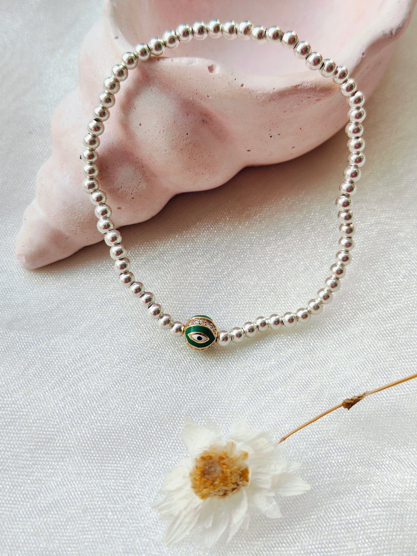 Gold Evil Eye with Dia & Silver Beads' Stretchable Bracelet