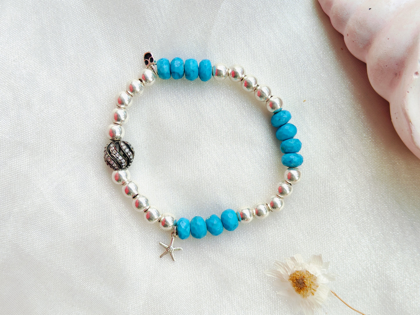 Stone & Silver Beads' Stretchable Bracelet with Charms with Dia