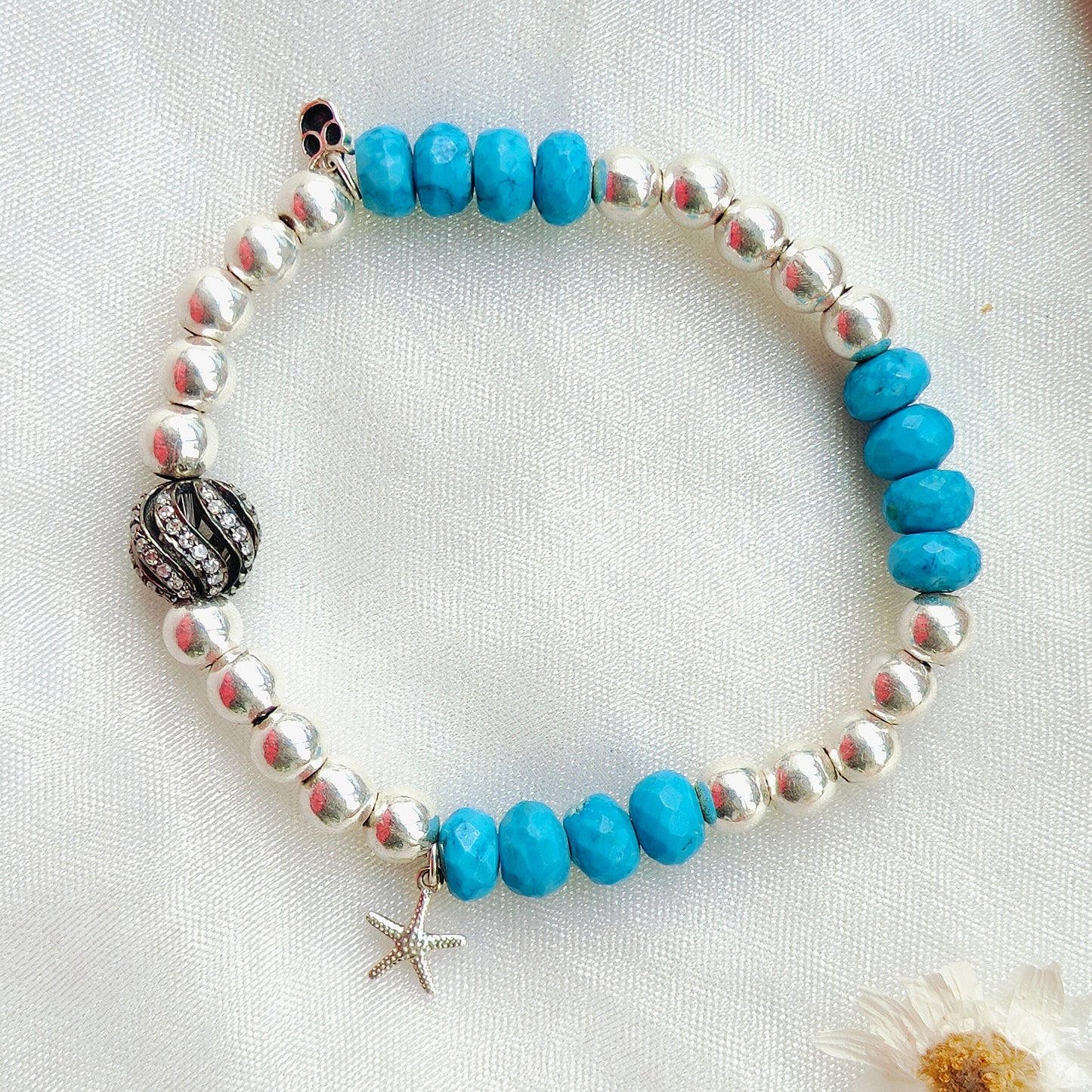 Stone & Silver Beads' Stretchable Bracelet with Charms with Dia