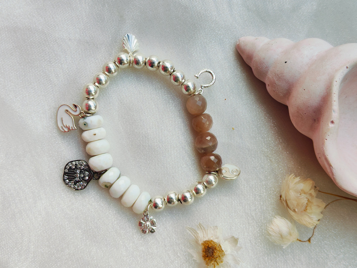 Stone & Silver Beads' Stretchable Bracelet with Charms with Dia