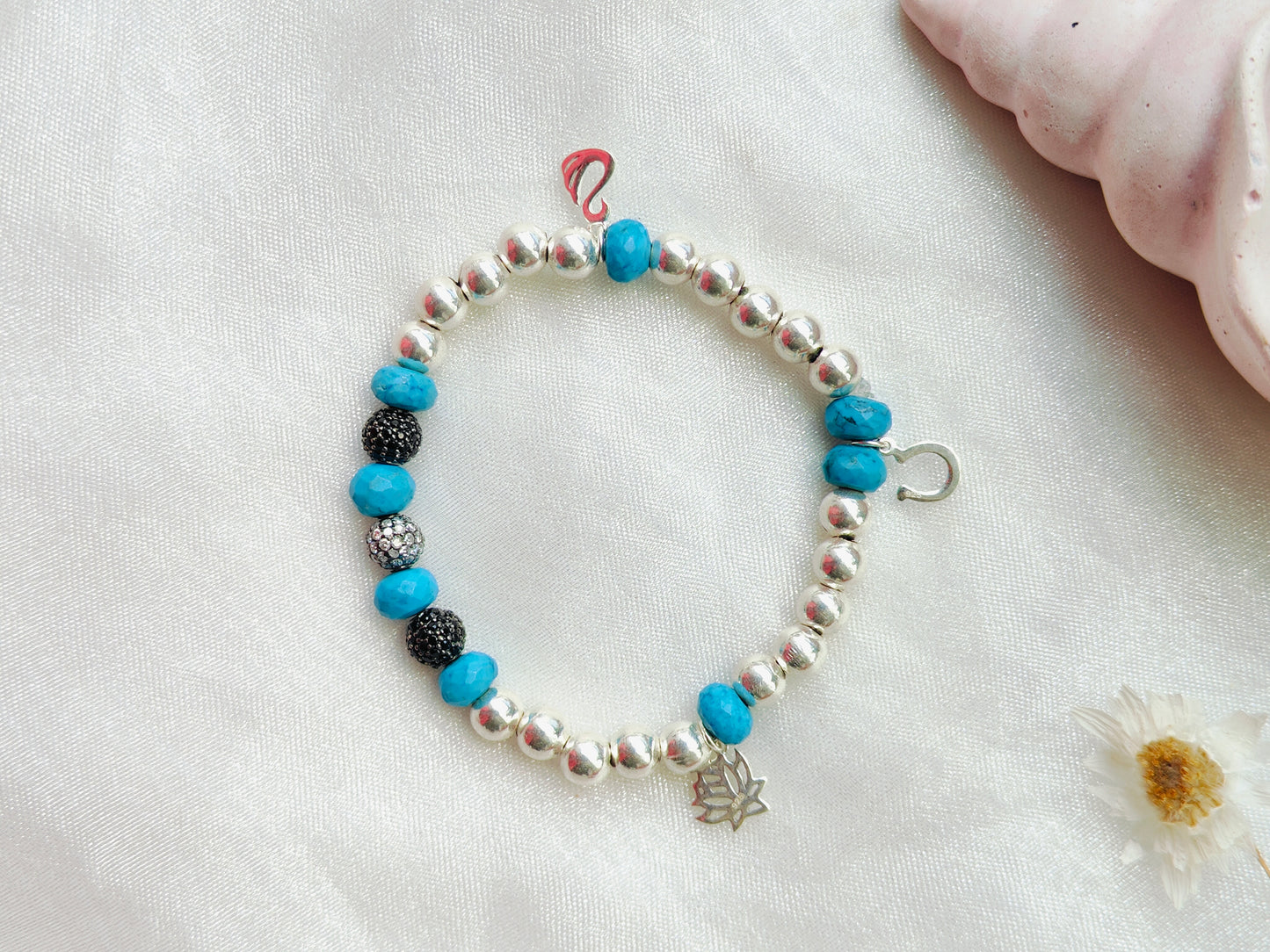 Stone & Silver Beads' Stretchable Bracelet with Charms with Dia