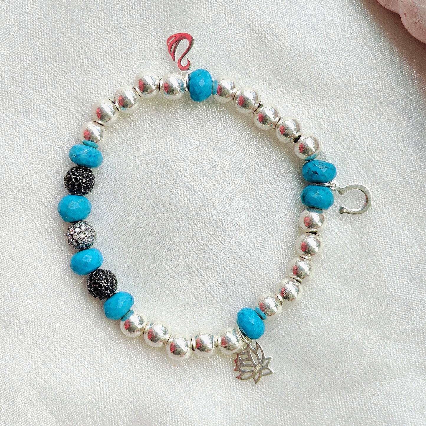 Stone & Silver Beads' Stretchable Bracelet with Charms with Dia