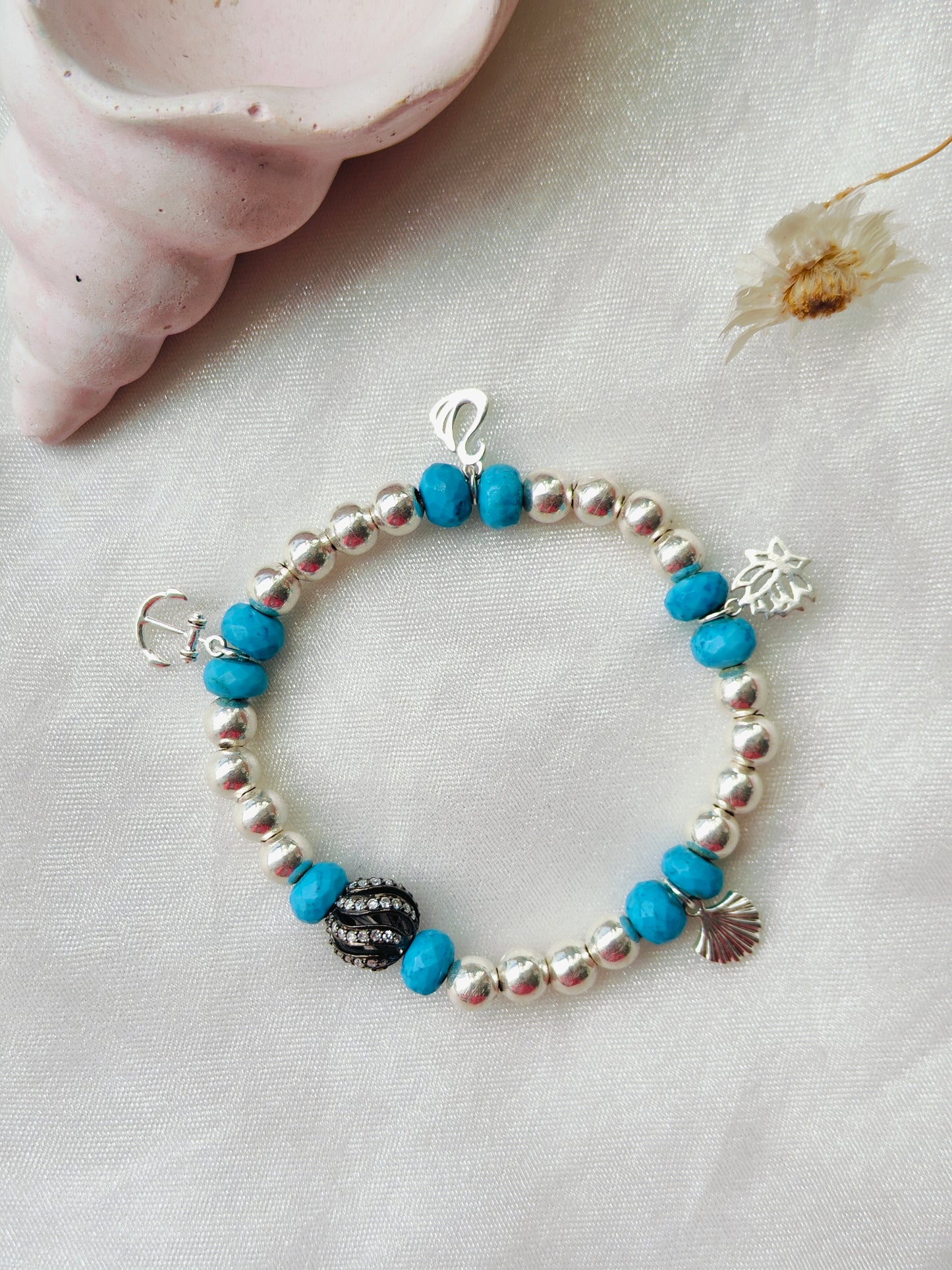 Stone & Silver Beads' Stretchable Bracelet with Charms with Dia