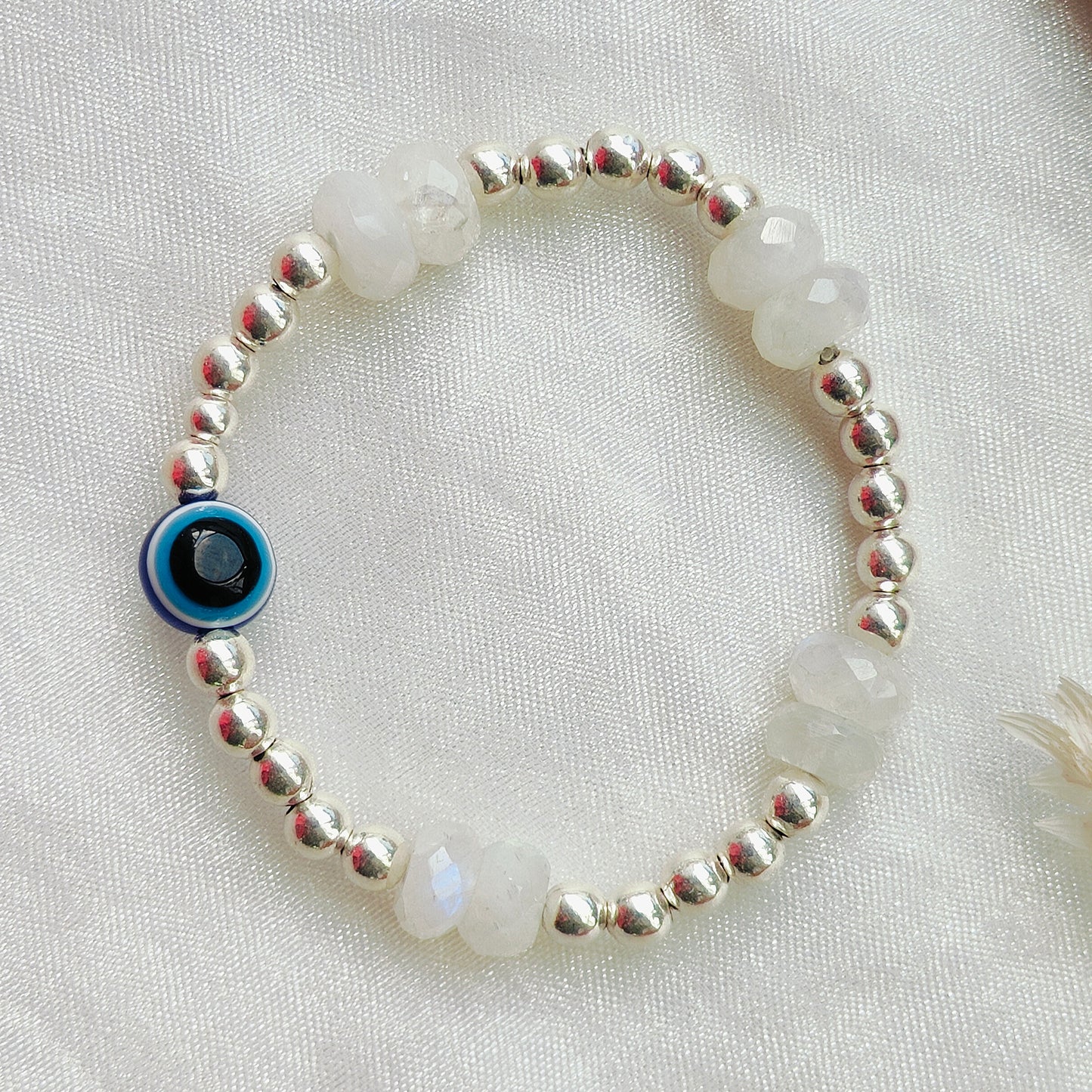 Stone & Silver Beads' Stretchable Bracelet with Evil Eye Stone Bead