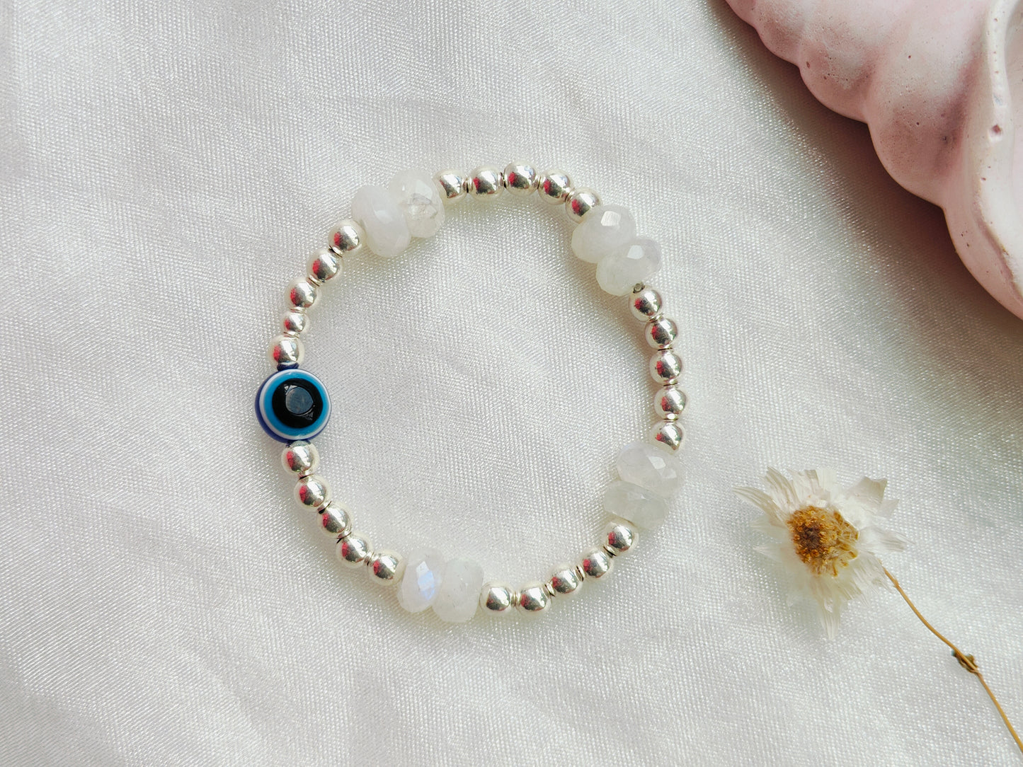 Stone & Silver Beads' Stretchable Bracelet with Evil Eye Stone Bead