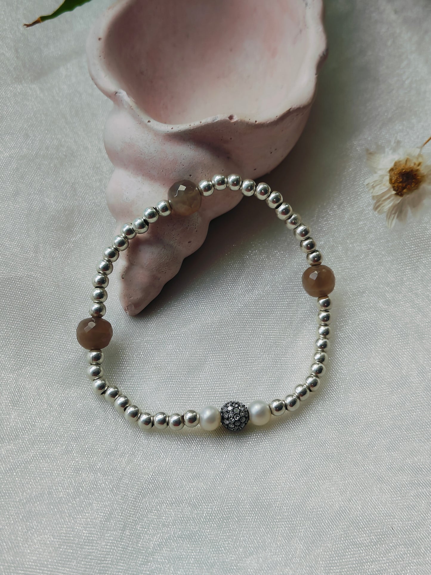 Stone & Silver Beads' Stretchable Bracelet with Dia