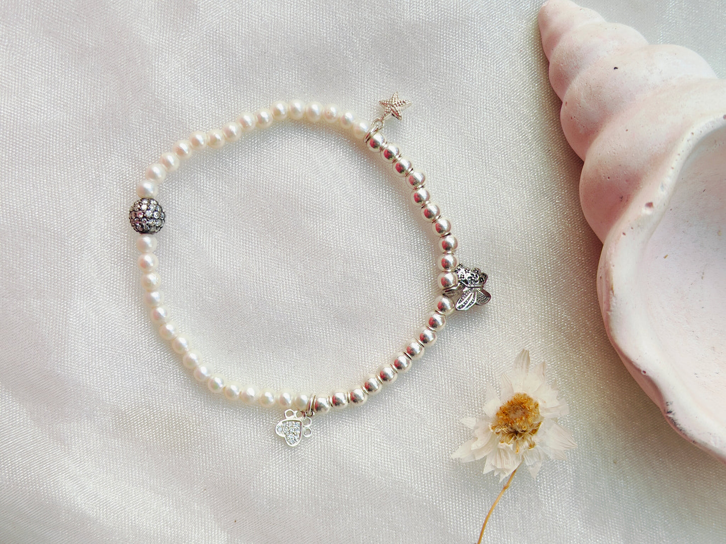 Stone & Silver Beads' Stretchable Bracelet with Charms with Dia