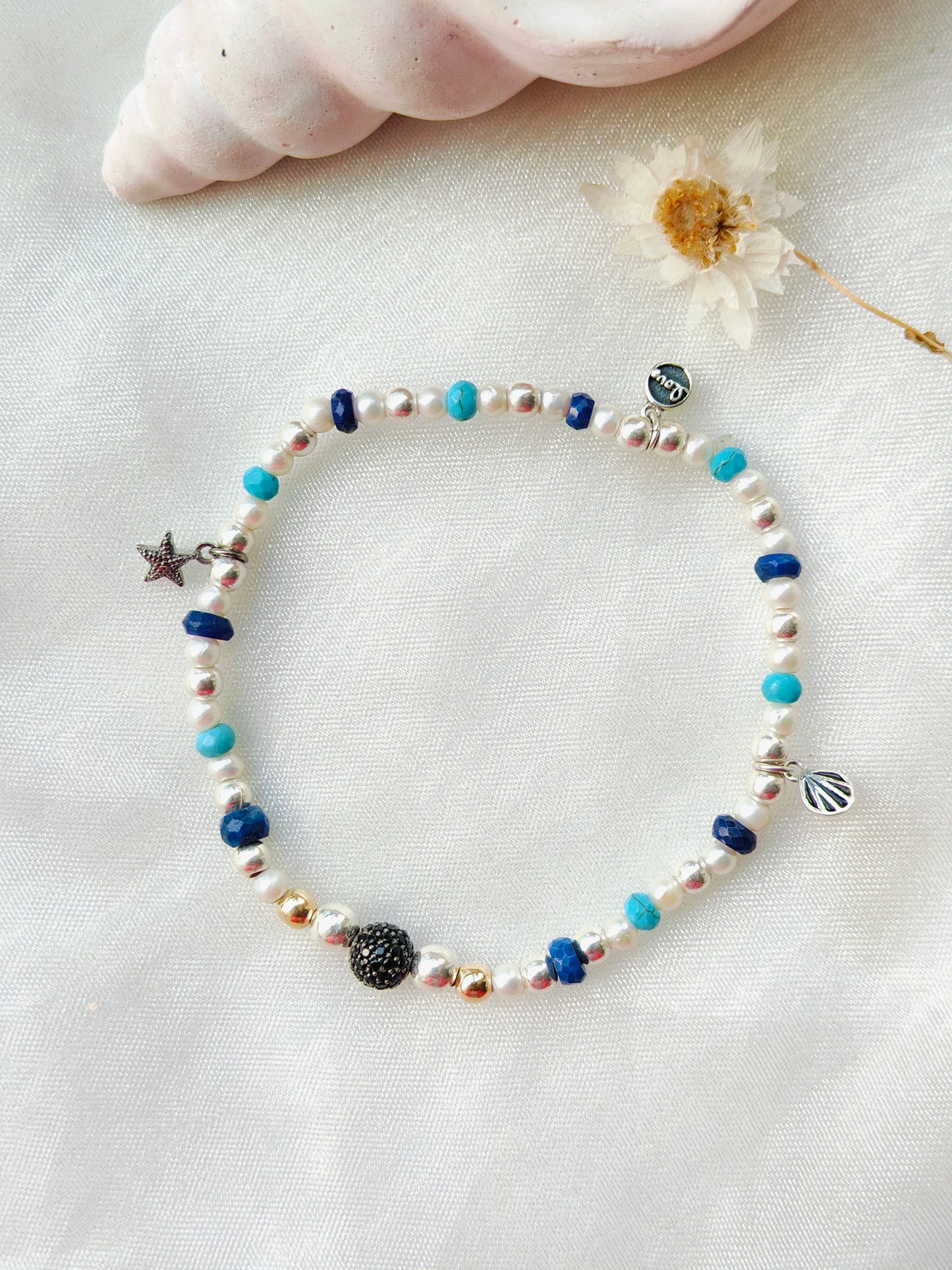 Stone, Gold & Silver Beads' Stretchable Bracelet with Charms with Black Dia
