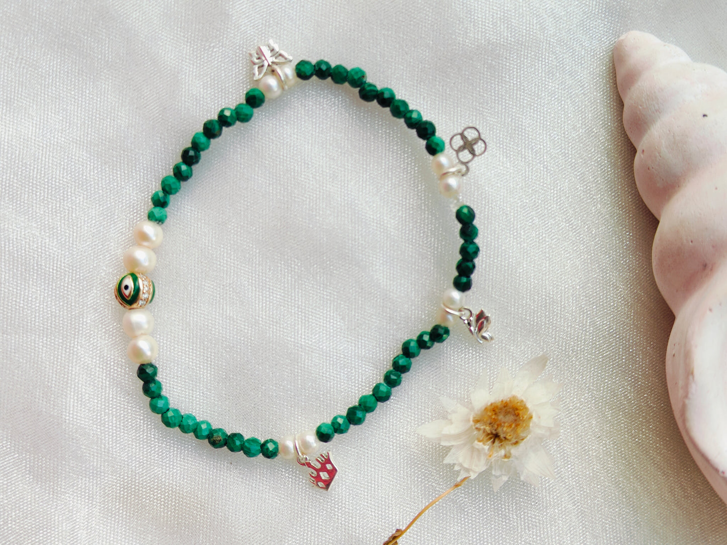 Gold Evil Eye with Dia & Stone Beads' Stretchable Bracelet with Charms