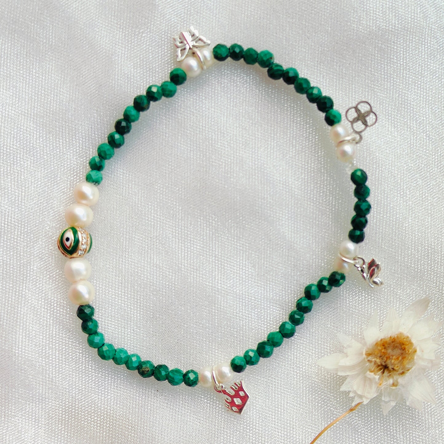 Gold Evil Eye with Dia & Stone Beads' Stretchable Bracelet with Charms