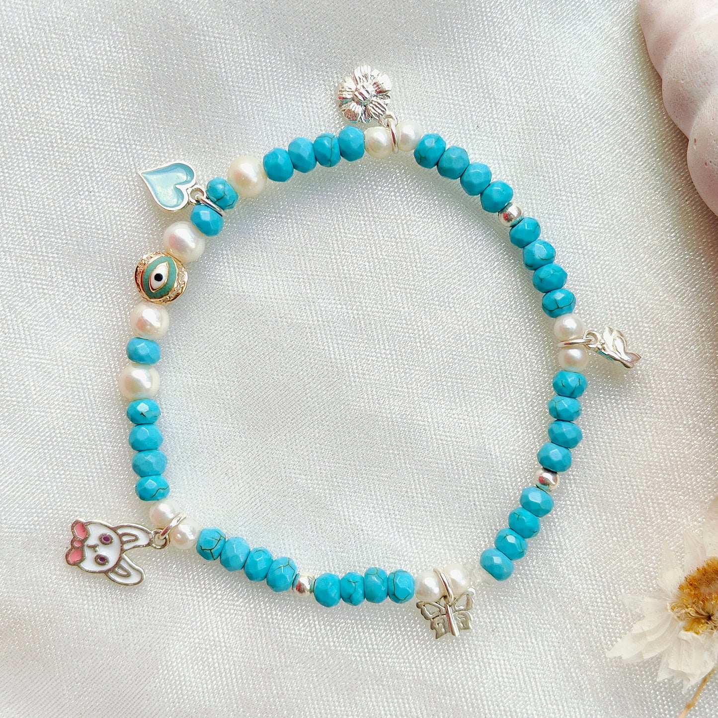 Gold Evil Eye with Dia, Silver & Stone Beads' Stretchable Bracelet with Charms