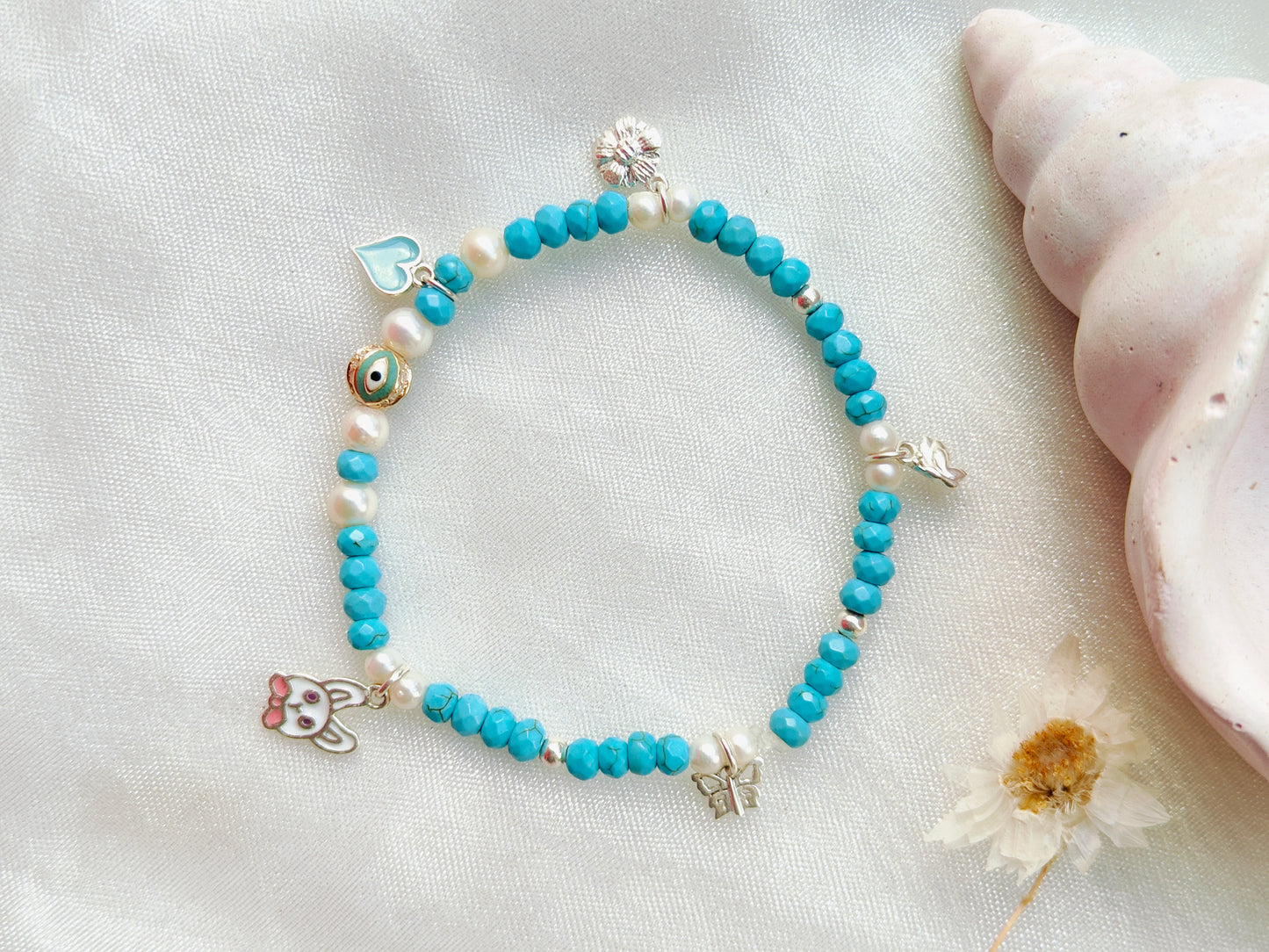 Gold Evil Eye with Dia, Silver & Stone Beads' Stretchable Bracelet with Charms