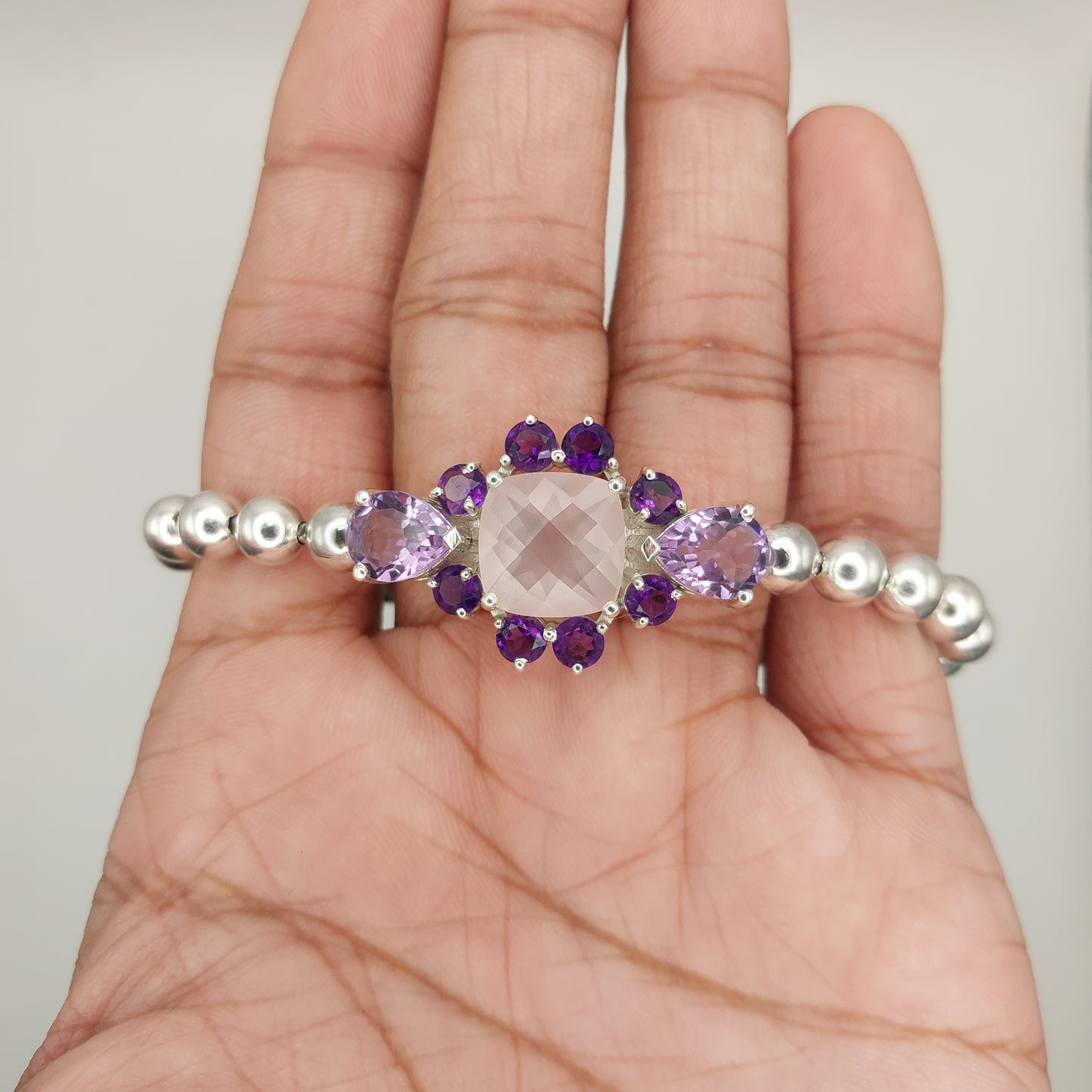 925 Sterling Silver Stretch Bracelet with Rose Quartz & Amethyst | Handcrafted Gemstone Beaded Bracelet