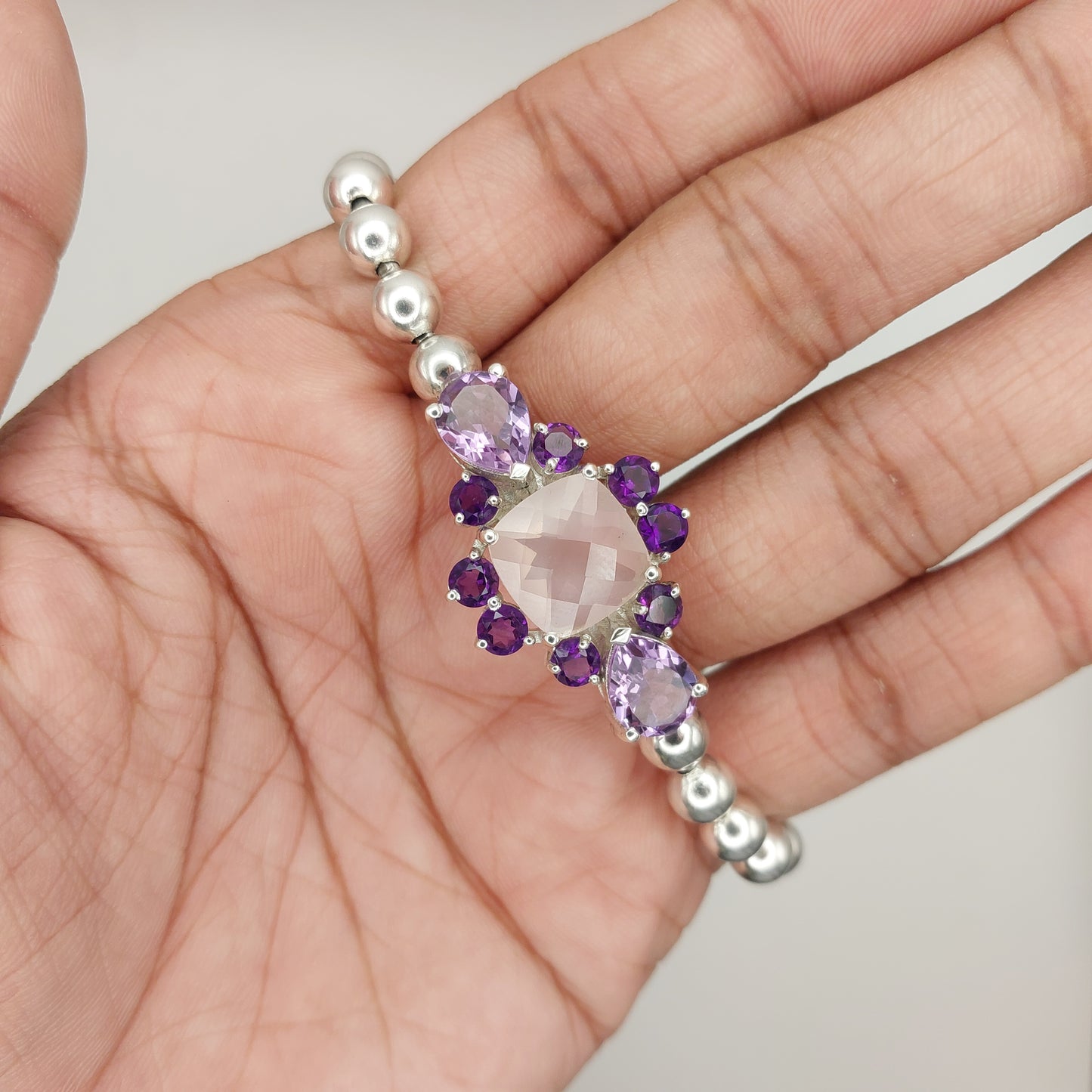925 Sterling Silver Stretch Bracelet with Rose Quartz & Amethyst | Handcrafted Gemstone Beaded Bracelet