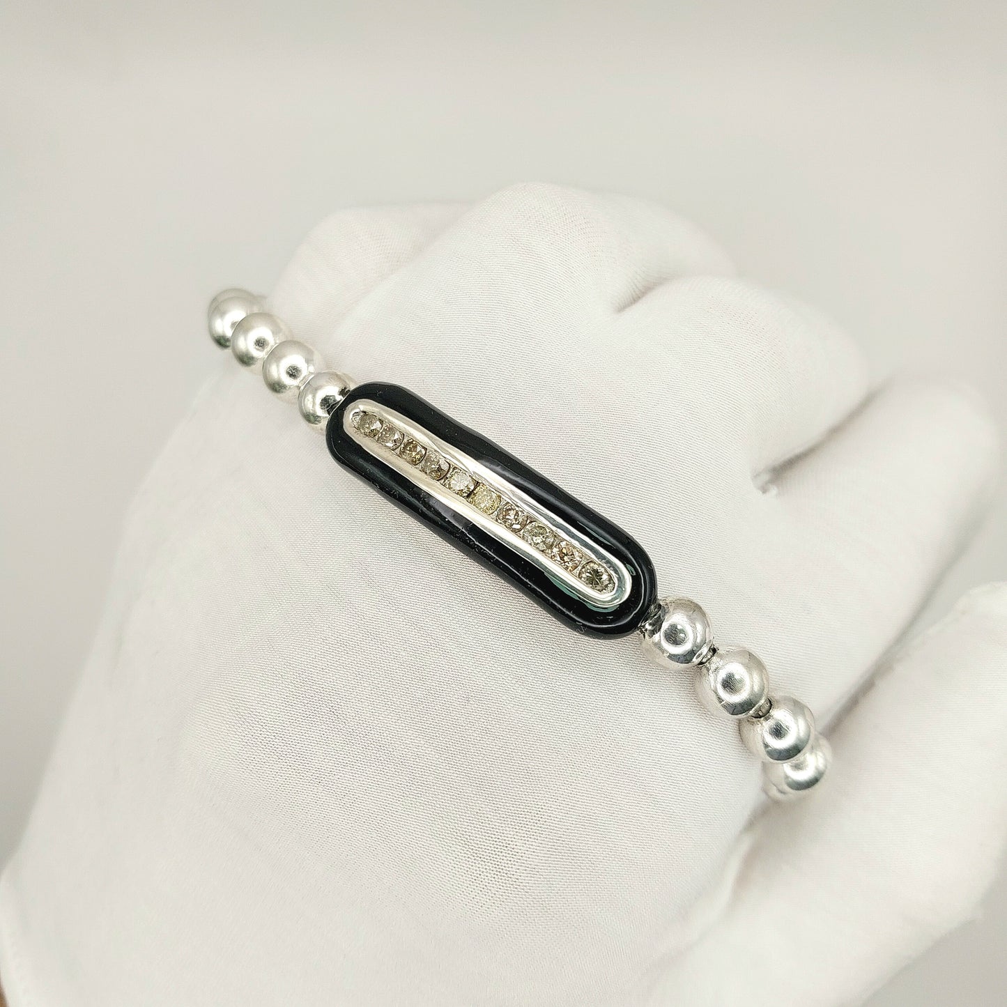 Handcrafted 925 Sterling Silver Enamel Diamond Stretch Bracelet | 6mm Beads | Multicolor Accents
