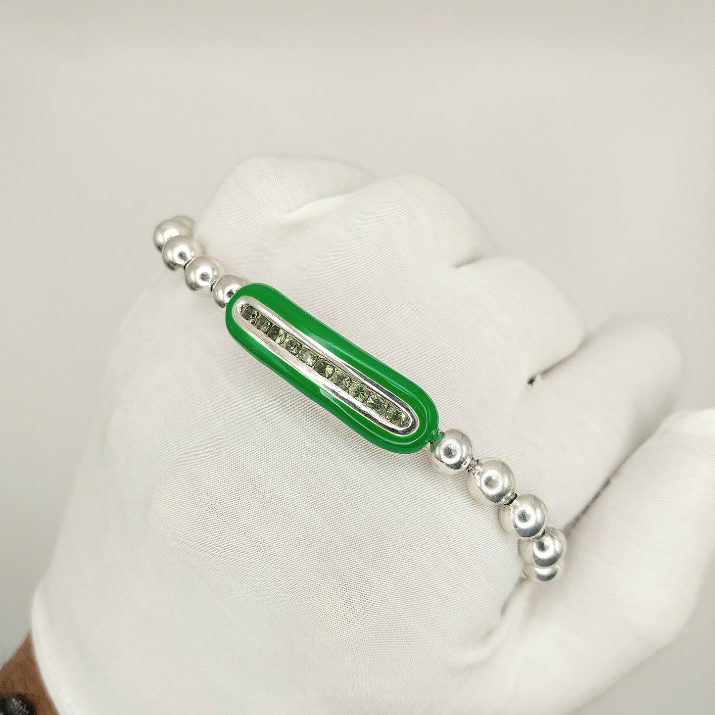 Handcrafted 925 Sterling Silver Enamel Diamond Stretch Bracelet | 6mm Beads | Multicolor Accents