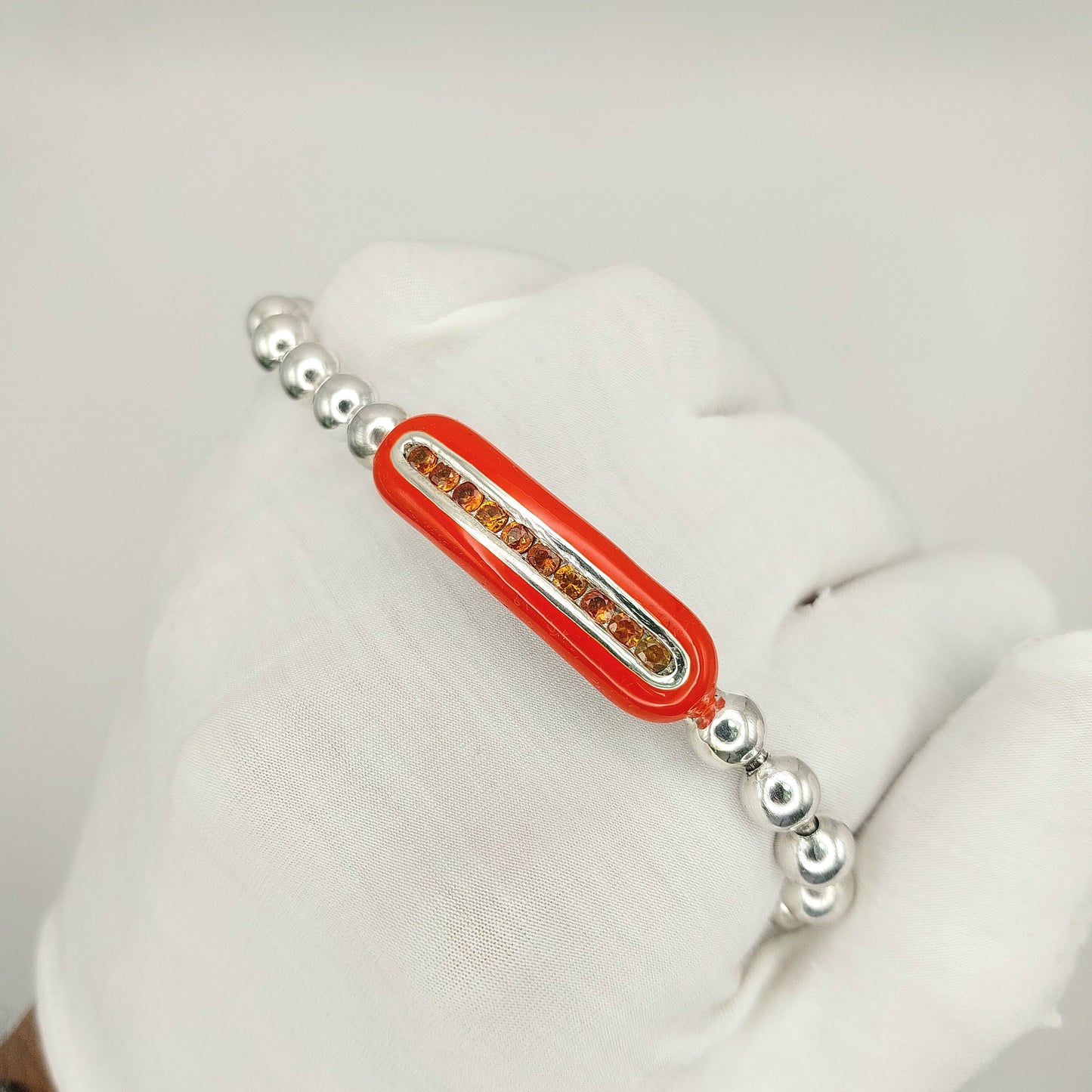 Handcrafted 925 Sterling Silver Enamel Diamond Stretch Bracelet | 6mm Beads | Multicolor Accents
