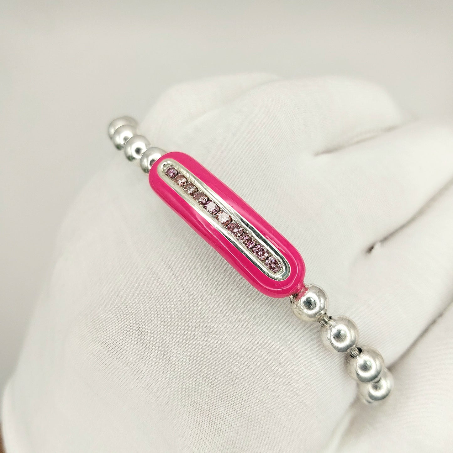 Handcrafted 925 Sterling Silver Enamel Diamond Stretch Bracelet | 6mm Beads | Multicolor Accents