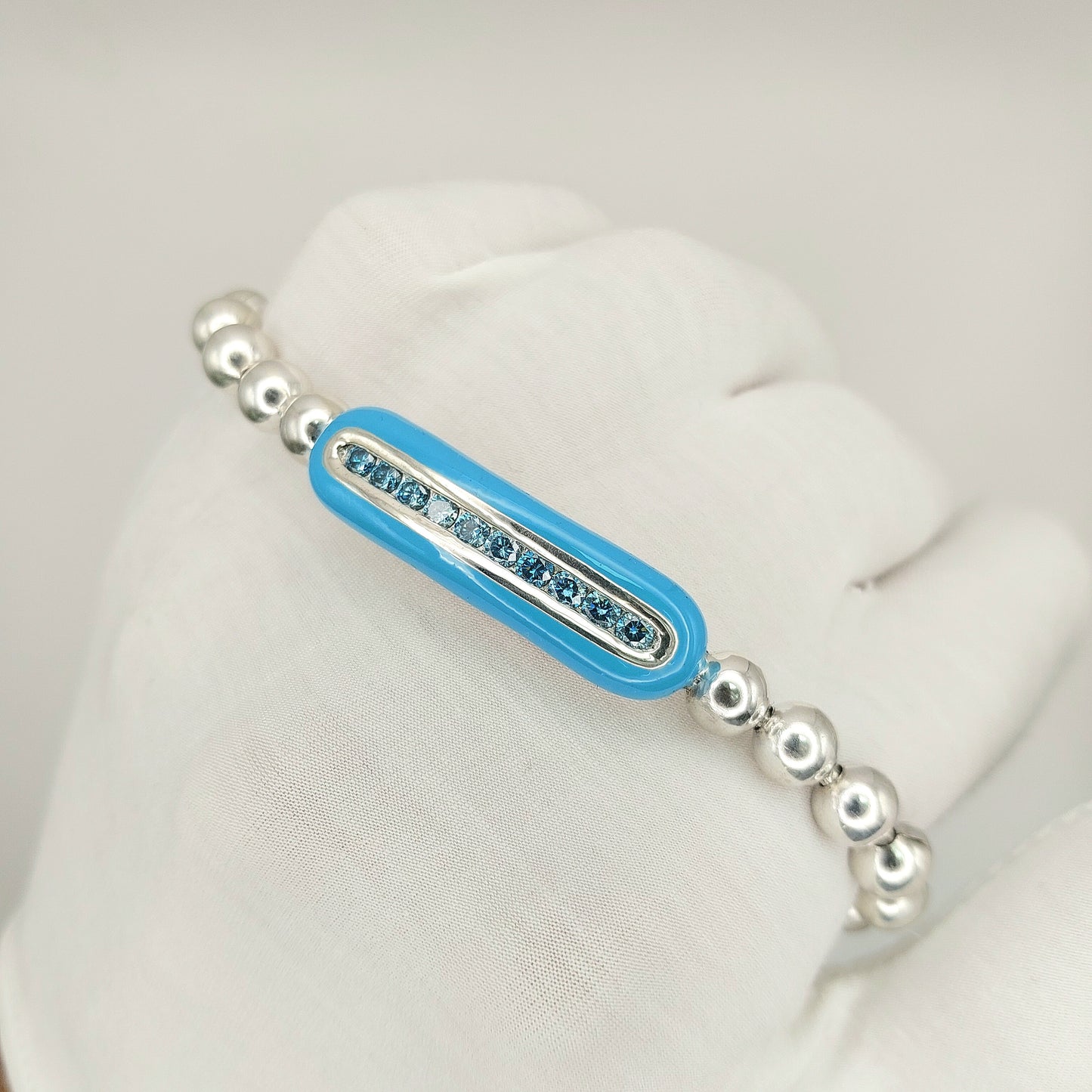 Handcrafted 925 Sterling Silver Enamel Diamond Stretch Bracelet | 6mm Beads | Multicolor Accents
