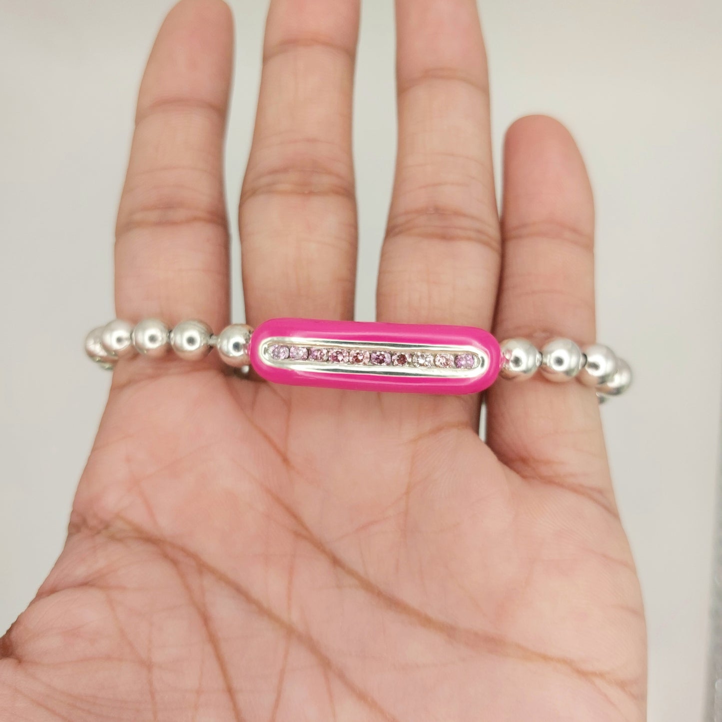 Handcrafted 925 Sterling Silver Enamel Diamond Stretch Bracelet | 6mm Beads | Multicolor Accents