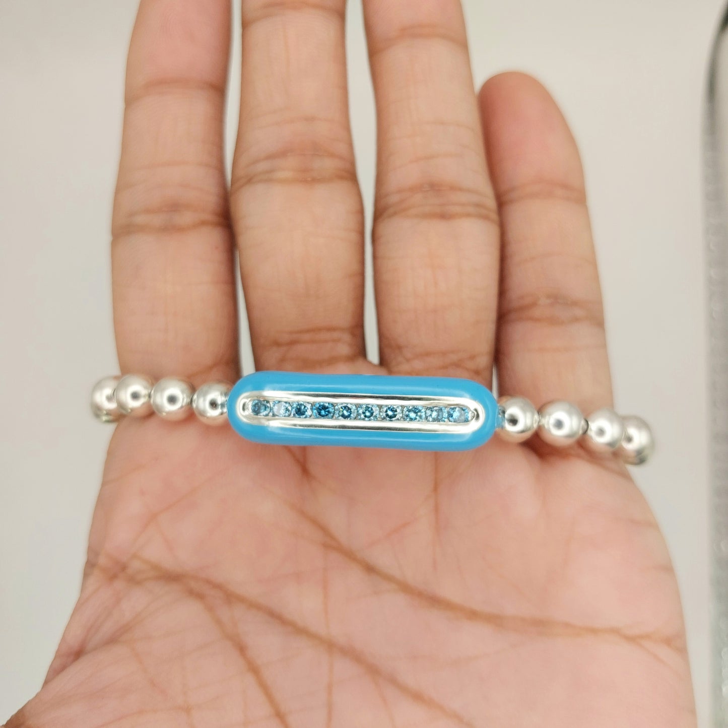 Handcrafted 925 Sterling Silver Enamel Diamond Stretch Bracelet | 6mm Beads | Multicolor Accents
