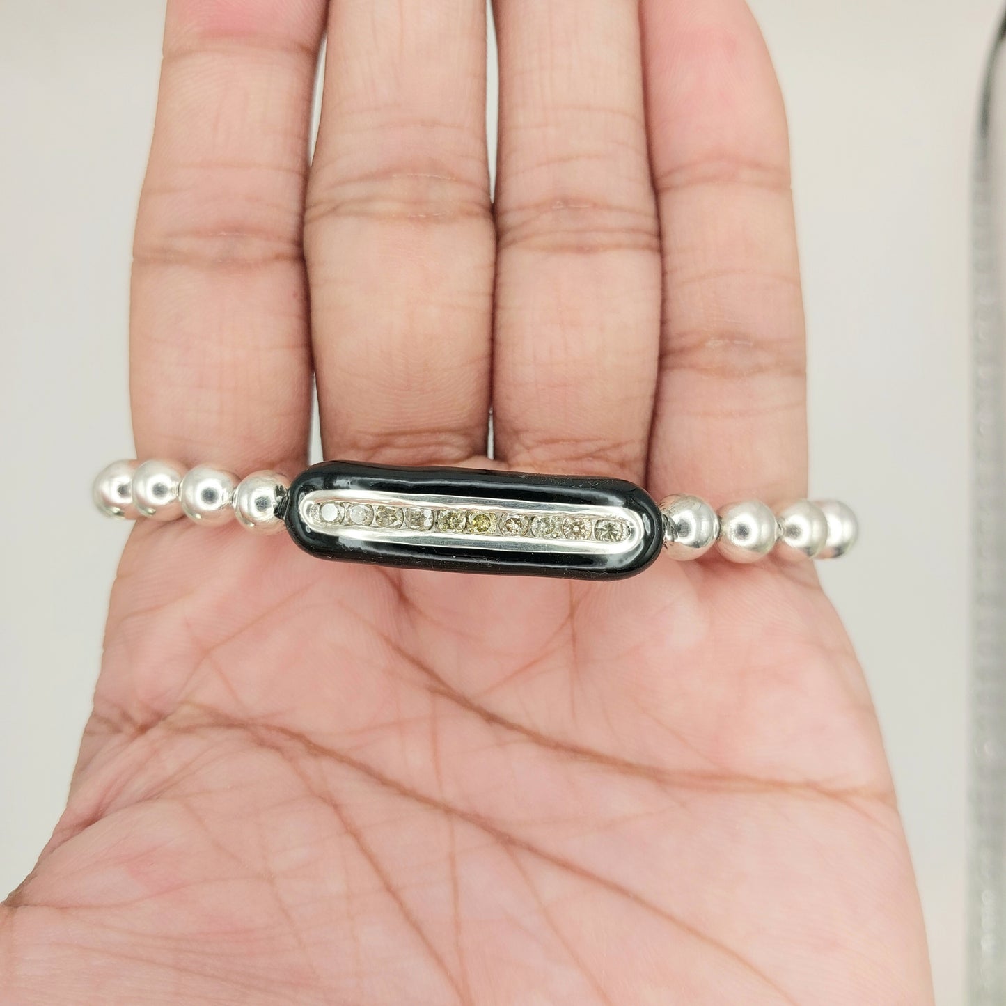 Handcrafted 925 Sterling Silver Enamel Diamond Stretch Bracelet | 6mm Beads | Multicolor Accents