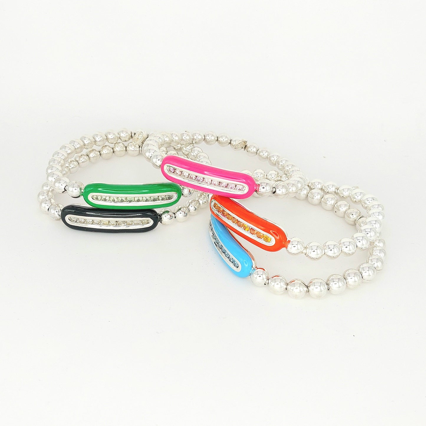 Handcrafted 925 Sterling Silver Enamel Diamond Stretch Bracelet | 6mm Beads | Multicolor Accents