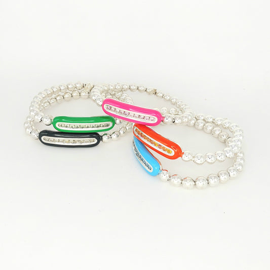 Handcrafted 925 Sterling Silver Enamel Diamond Stretch Bracelet | 6mm Beads | Multicolor Accents