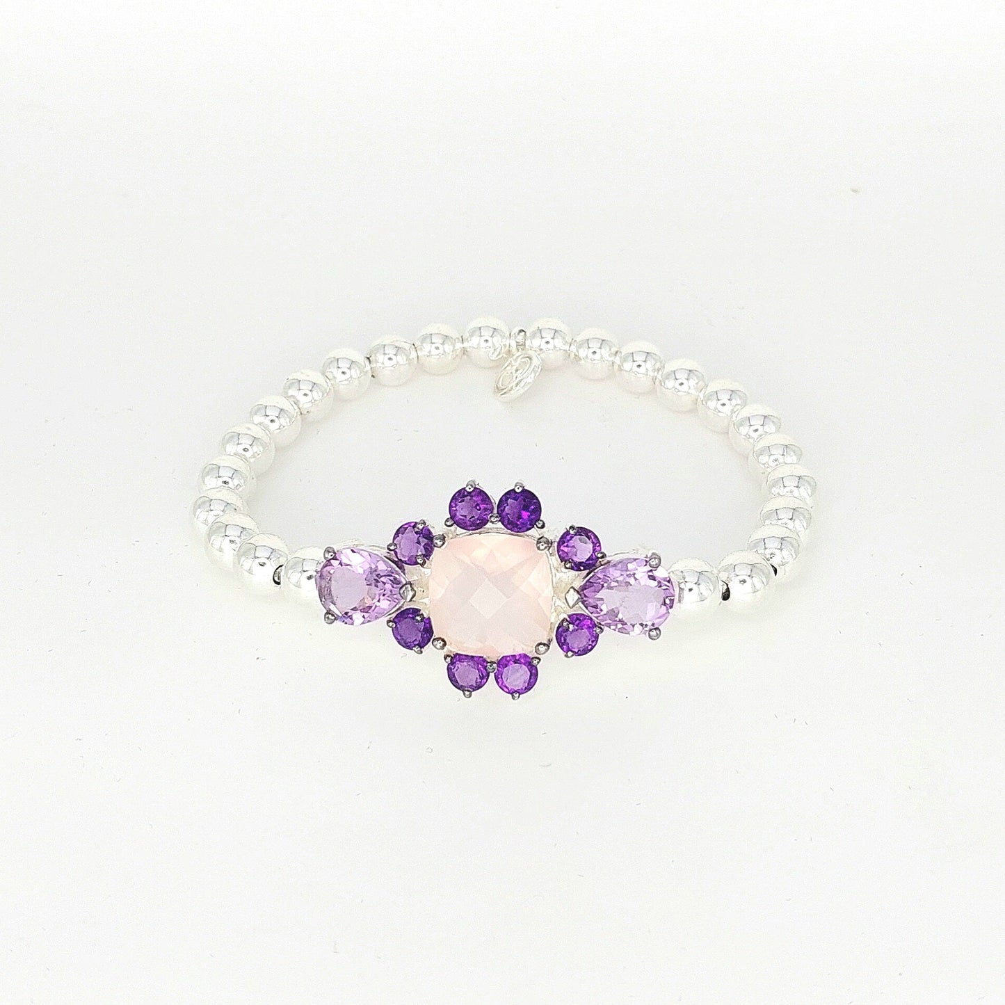 925 Sterling Silver Stretch Bracelet with Rose Quartz & Amethyst | Handcrafted Gemstone Beaded Bracelet