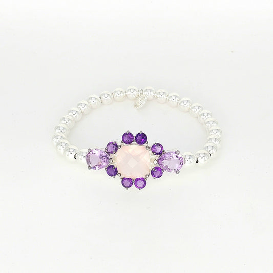 925 Sterling Silver Stretch Bracelet with Rose Quartz & Amethyst | Handcrafted Gemstone Beaded Bracelet