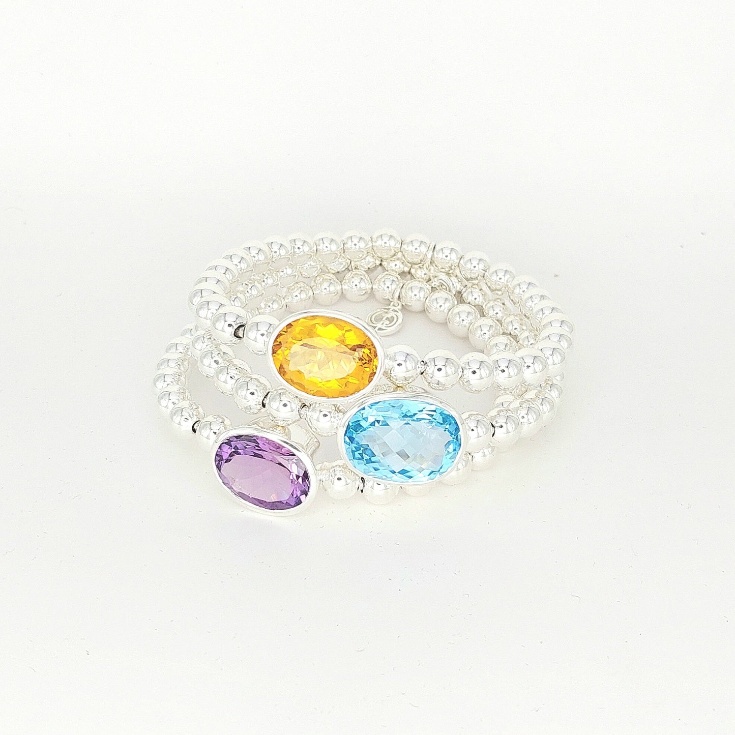 925 Sterling Silver Triple Gemstone Stretch Bracelet | Blue Topaz, Amethyst & Citrine | Handmade Luxury Beaded Bracelet