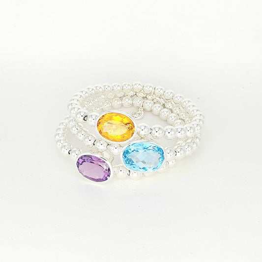 925 Sterling Silver Triple Gemstone Stretch Bracelet | Blue Topaz, Amethyst & Citrine | Handmade Luxury Beaded Bracelet