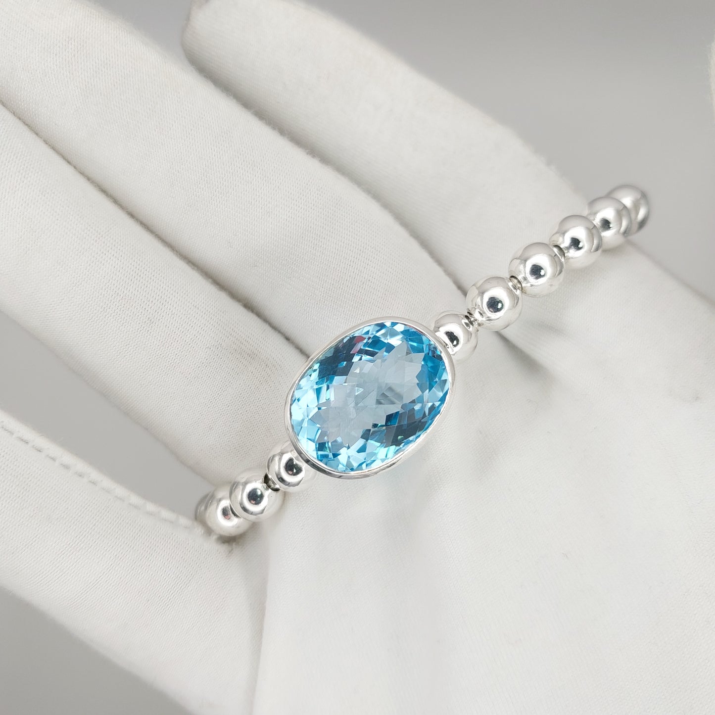 925 Sterling Silver Triple Gemstone Stretch Bracelet | Blue Topaz, Amethyst & Citrine | Handmade Luxury Beaded Bracelet
