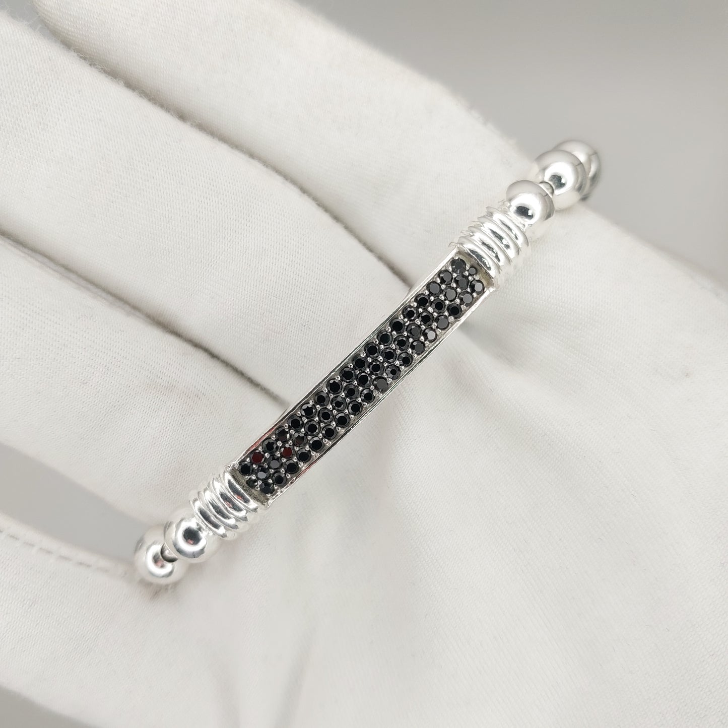 925 Sterling Silver Diamond Bar Stretch Bracelet | Handmade Black Diamond Bar Bracelet